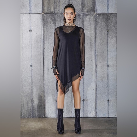 Black mesh asymmetric dress by darker wavs from dolls kill in great condition! - Picture 1 of 4